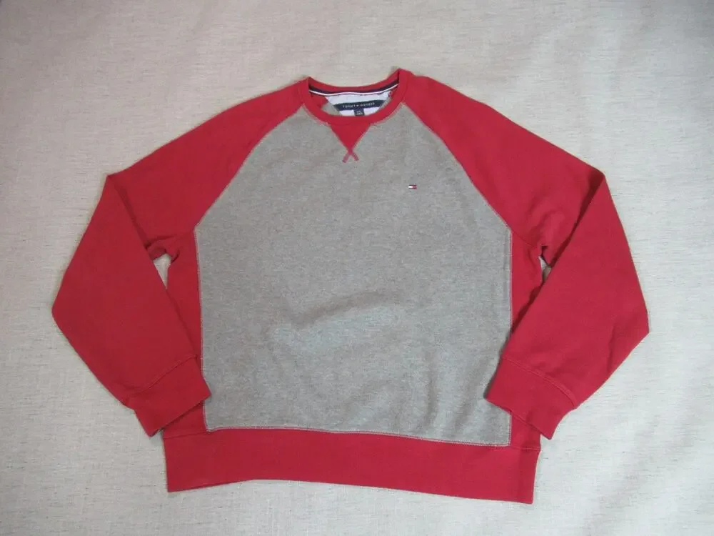 Tommy Hilfiger Sweatshirt Mens Large Red Gray Pullover Raglan Sporty Preppy